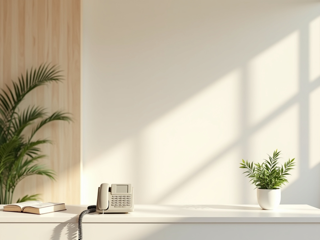 A calm clinic reception counter in daylight with a desk telephone and an appointment book
