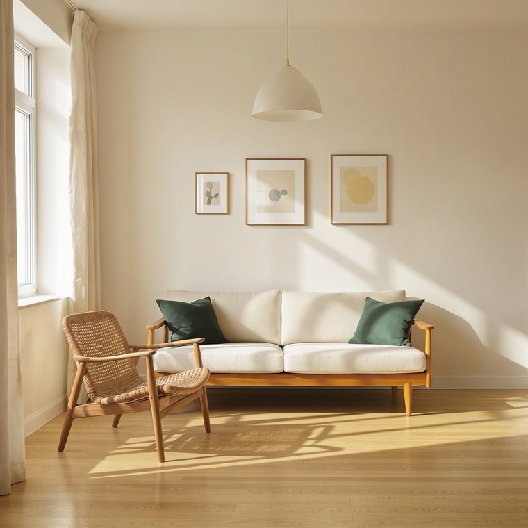The shopper's room: a sofa and rattan armchair on bare wooden floor, lit by one ceiling pendant