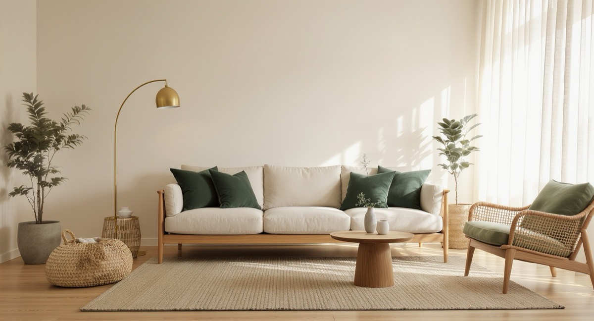 A styled living room with a flatweave rug, arc floor lamp, side table and sheer curtains