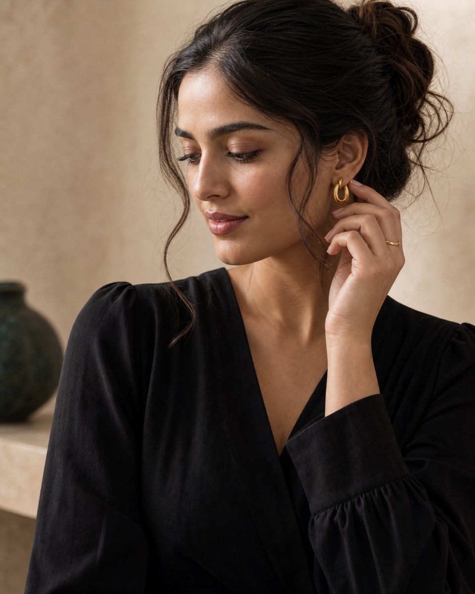A shopper considering a pair of gold earrings